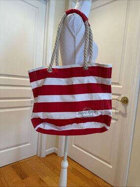 Hard Rock Cafe Red & White Striped Rope-Handle Tote Bag